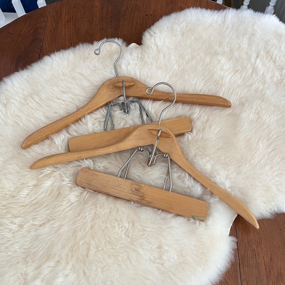 2 Vintage Wooden Suit Hangers with Trouser Clamps, Branded Mid Century Decor